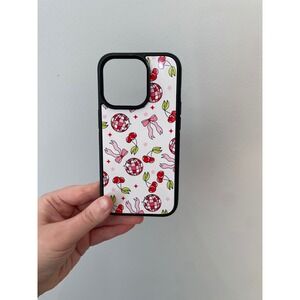 Unbranded Phone Case iPhone 15 Pro White Pink Cherry Disco Ball Bow Coquette